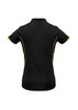 A black women's short sleeve polo shirt with yellow detailing and a logo on the sleeve.