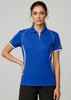 A women's short sleeve polo shirt in blue with white accents and a logo on the chest.