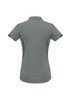 A women's short sleeve polo shirt in grey with black accents, featuring a collar and a logo.