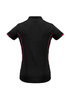 A short sleeve polo shirt in black with pink accents and a logo on the side.