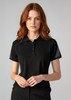 A black women's short sleeve polo shirt with mesh detail on the sleeves, featuring a logo.