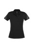 A women's short sleeve polo shirt in black with mesh panel detailing on the shoulders, featuring a logo.