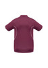A burgundy kids' polo shirt with short sleeves and white accents, featuring a logo on the back.