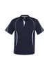 A navy blue short sleeve polo shirt featuring white accents and a branded logo on the collar.