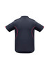 A dark grey polo shirt with short sleeves and red accent details, featuring a logo.