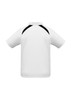 A white short sleeve polo shirt featuring black accents and a logo. Ideal for children's wear.