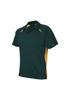 A green and yellow short sleeve polo shirt with a logo.
