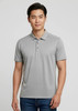 A grey short sleeve polo shirt for men, featuring a collar and a logo on the chest.
