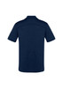 A dark navy men's short sleeve polo shirt featuring a simple design and a logo on the back.