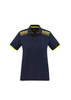 A navy women's polo shirt with yellow accents on the collar and sleeves, featuring a textured pattern on the shoulders.