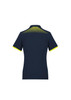 A women's short sleeve polo in navy with a patterned detail in bright yellow on the back. Features a logo.