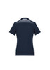 A navy women's short sleeve polo shirt featuring a patterned design at the back, with white detailing on the sleeves.