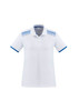 A white short sleeve polo shirt featuring a blue patterned design on the shoulders and contrasting blue accents.