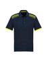 A navy men's short sleeve polo shirt featuring a patterned shoulder design and bright yellow accents.
