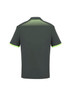 A men's short sleeve polo in dark grey with lime green accents and a patterned back design, featuring a logo.