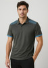 A men's short sleeve polo in dark grey with blue accents on the shoulders and sleeves, featuring a logo.
