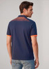 A navy blue short sleeve polo shirt with mesh detailing and orange accents at the collar and sleeves.
