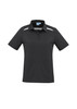 A women's short sleeve polo shirt in black with white accents and a collar, featuring a logo on the chest.