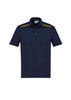 A navy short sleeve polo shirt featuring yellow accents and a logo.