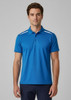 A blue men's polo shirt with short sleeves and a logo, featuring white detailing on the shoulders.