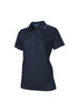 A navy short sleeve polo shirt featuring light blue trim and a logo on the chest.
