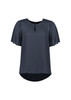 A short sleeve blouse in dark blue, featuring a keyhole neckline and a relaxed fit. It has a branding logo.