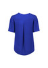 A blue women's short sleeve blouse featuring a pleated back design and soft fabric. It includes a logo.