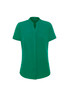 A green women's short sleeve blouse with a collared neckline and a smooth finish, featuring a logo.
