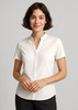 A white short sleeve blouse with a v-neckline and a fitted silhouette, featuring a logo.