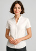 A short sleeve women's blouse in white, featuring a v-neckline and a fitted design. Includes a logo on the garment.
