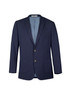 A navy blue men's blazer featuring a two-button closure and a classic lapel design. It includes an inner lining.