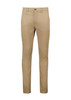 A pair of tan tapered stretch chino pants with a front pocket and a button closure.