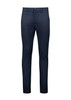 Men's tapered stretch chino pants in navy blue, featuring front and back pockets and a branded logo.