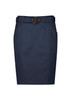A mid-waist stretch chino skirt in navy blue with a belt featuring a circular buckle.