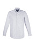 A long sleeve button-up shirt featuring a blue and white checkered pattern and a logo on the chest.