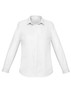 A white long sleeve button-up shirt for women, featuring a classic collar and cuffs, with a simple design.