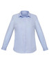 A light blue women's long sleeve button-up shirt with a collar and a smooth fabric finish. Features a logo on the chest.