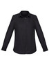 A black long sleeve button-up shirt for women with a collar and a front placket. Includes a logo.