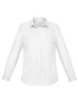 A white long sleeve button-up shirt for women. It features a classic collar and has a logo on it.