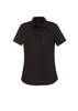 A black short sleeve button-up shirt with a classic collar and a sleek design. It features a logo on the front.