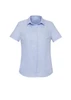 A light blue women's short sleeve button-up shirt featuring a classic collar and a logo.