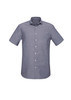 A short sleeve button-up shirt in a blue grey tone with a pocket and a logo on the chest.