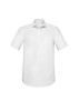 A white short sleeve button-up shirt featuring a single pocket and a classic fit design.