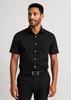 A black short-sleeve button-up shirt featuring a logo, worn by a man with a neutral expression.