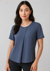 A short-sleeve women's T-shirt in navy blue with a pleat detail and a round neckline, featuring a logo.