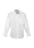 A white long sleeve button-up shirt featuring a single chest pocket and a collar. Includes branding.
