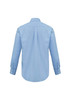 A light blue long sleeve shirt with a button-up style and a back pleat, featuring a logo.