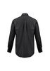 A black long sleeve shirt with a button-up design and a logo on the back.