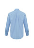 A light blue long sleeve button-up shirt with a back pleat and cuffed sleeves. Features a logo.
