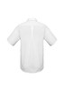 A white short sleeve button-up shirt featuring a back pleat and a collar, with a logo on the collar.
